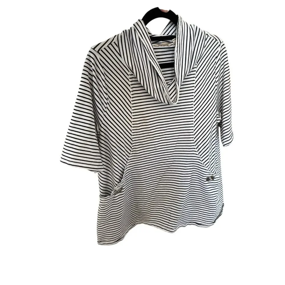 Soft Surroundings Promenade Large Tunic Striped Pockets Blk & White Coastal Prep